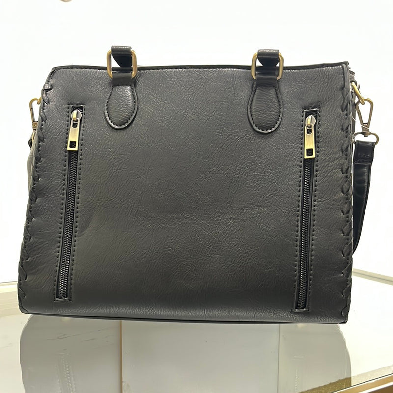 Black Leather Satchel Bag with Concealed Carry Zipper Pocket