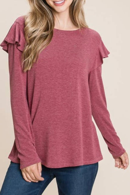 Ruffle Feathers Top in Burgundy
