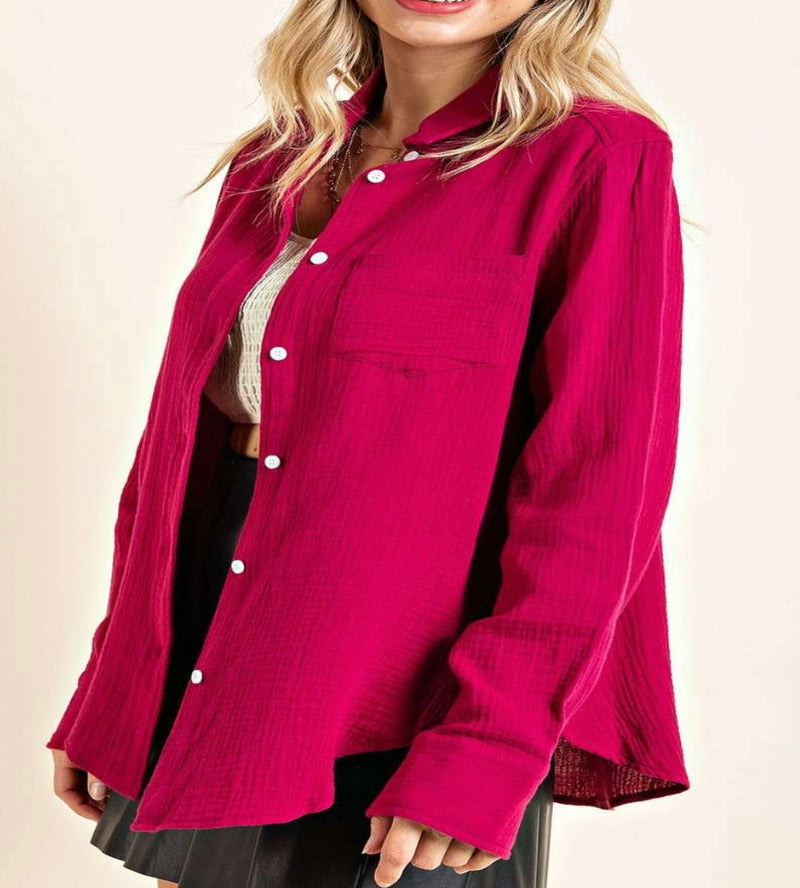 The Woven Button Down Top in Pink Wine