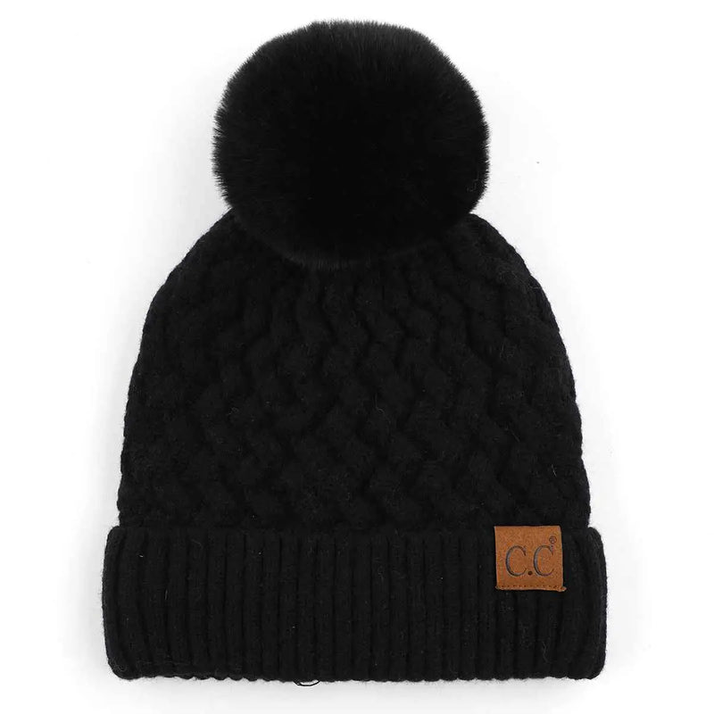 Woven Cable Knit Pom Beanie in Black