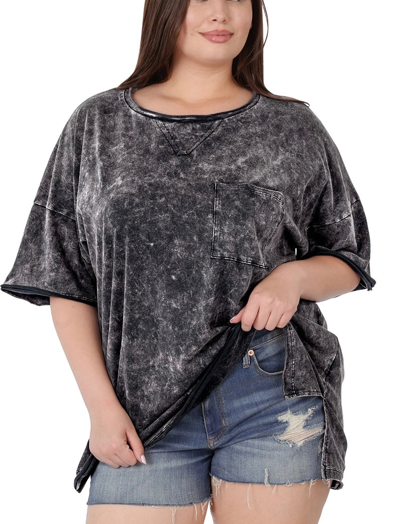 The Oversized Acid Wash Pocket Tee in Charcoal