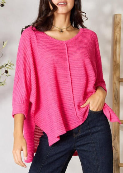 Round Neck High-Low Slit Knit Top in Magenta - ONLINE ONLY