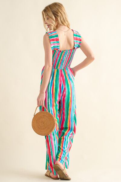Striped Smocked Sleeveless Jumpsuit-ONLINE ONLY