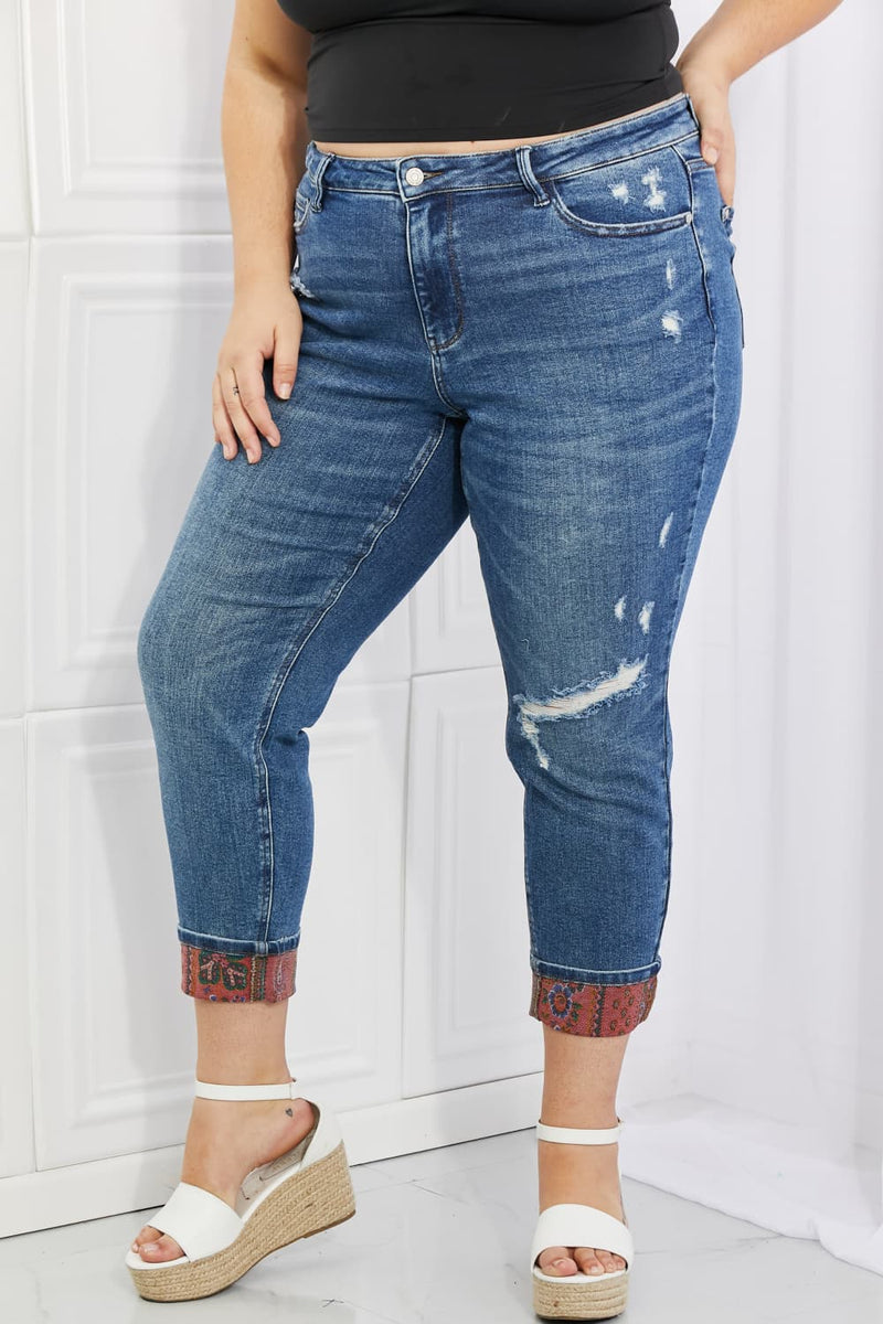 Judy Blue Gina Mid Rise Paisley Patch Cuff Boyfriend Jeans - ONLINE ONLY