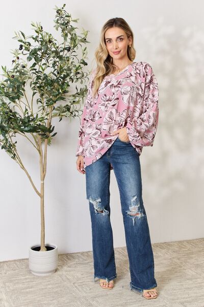 Floral V-Neck Balloon Sleeve Blouse - ONLINE ONLY
