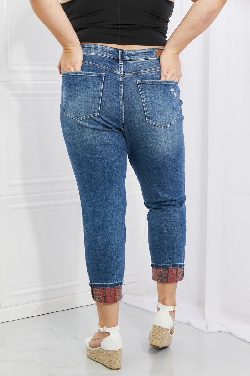 Judy Blue Gina Mid Rise Paisley Patch Cuff Boyfriend Jeans - ONLINE ONLY