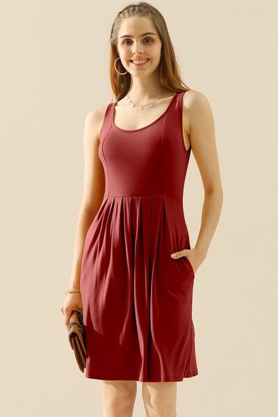 Round Neck Ruched Sleeveless Dress with Pockets - ONLINE ONLY