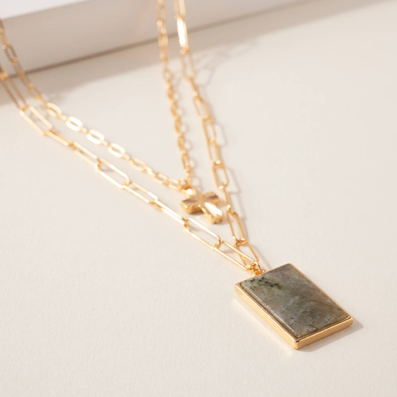 Stone and Cross Layered Chain Necklace
