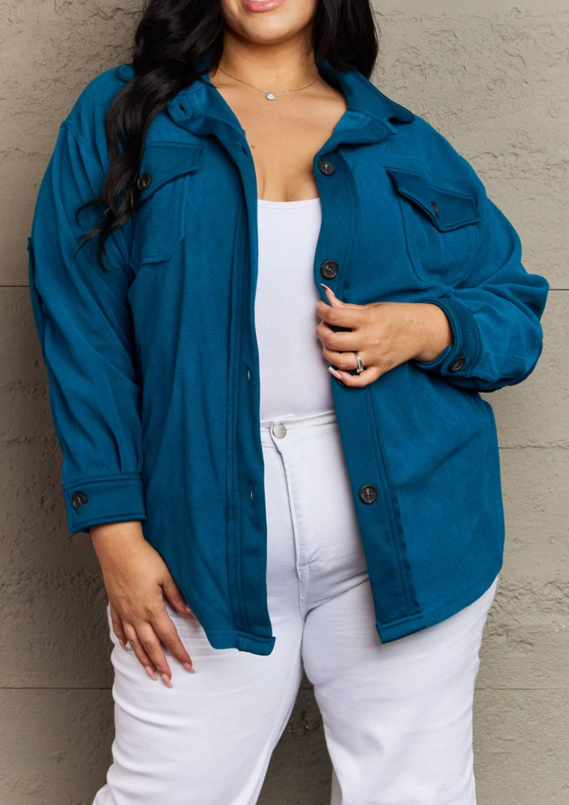 Cozy in the Cabin Fleece Elbow Patch Shacket in Teal - ONLINE ONLY