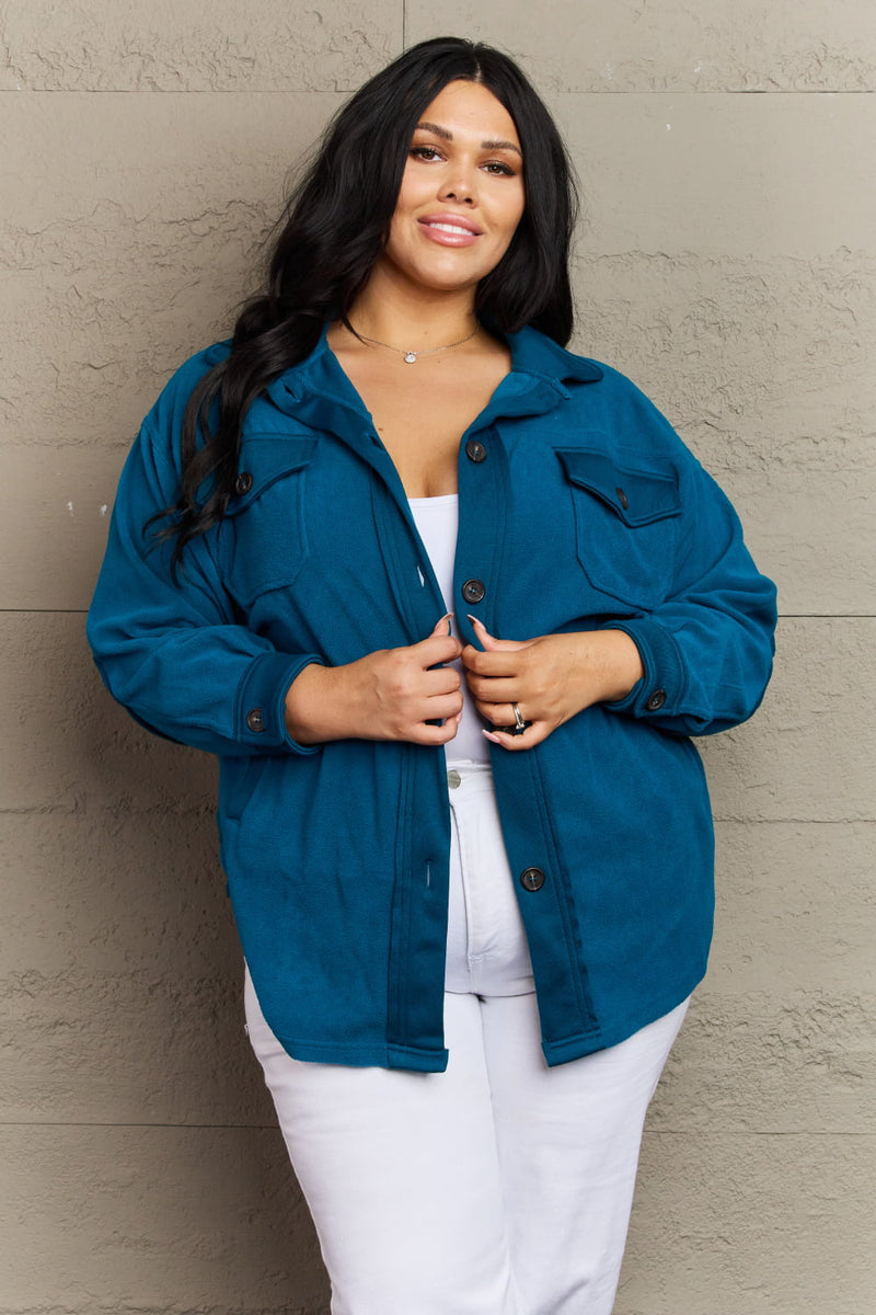 Cozy in the Cabin Fleece Elbow Patch Shacket in Teal - ONLINE ONLY